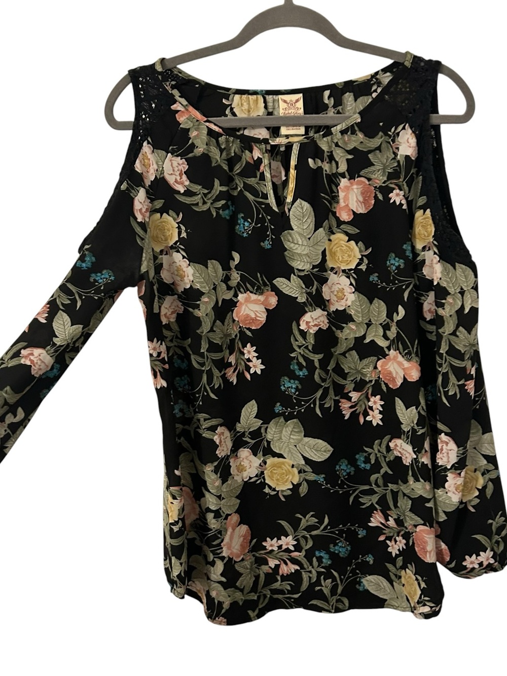 Black Floral Design Faded Glory Long Sleeve Top Shirt Flowy Women’s Medium Fit!